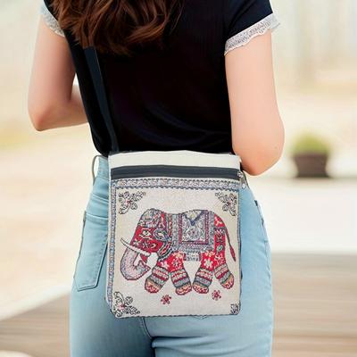 Ethnic Style Embroidery Canvas Bag Female Crossbody Small Square Bag Cartoon Pattern Cute Everything Shoulder Bag