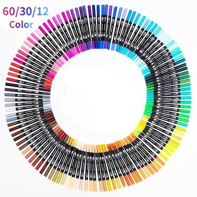 60/30/12 Barvy Dual Brush Art Markers Jemná špička pera a špička štětce Skvělé pro omalovánky pro dospělé Potřeby pro kaligrafické písmo