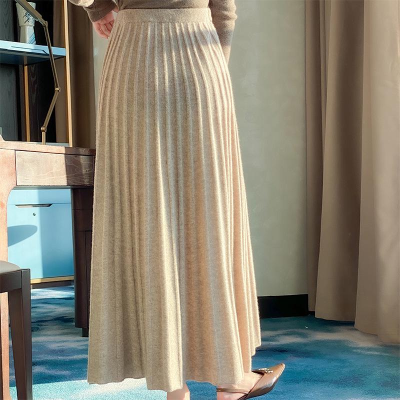 Hepburn Style High-Waisted Cashmere Pleated A-Line Skirt
