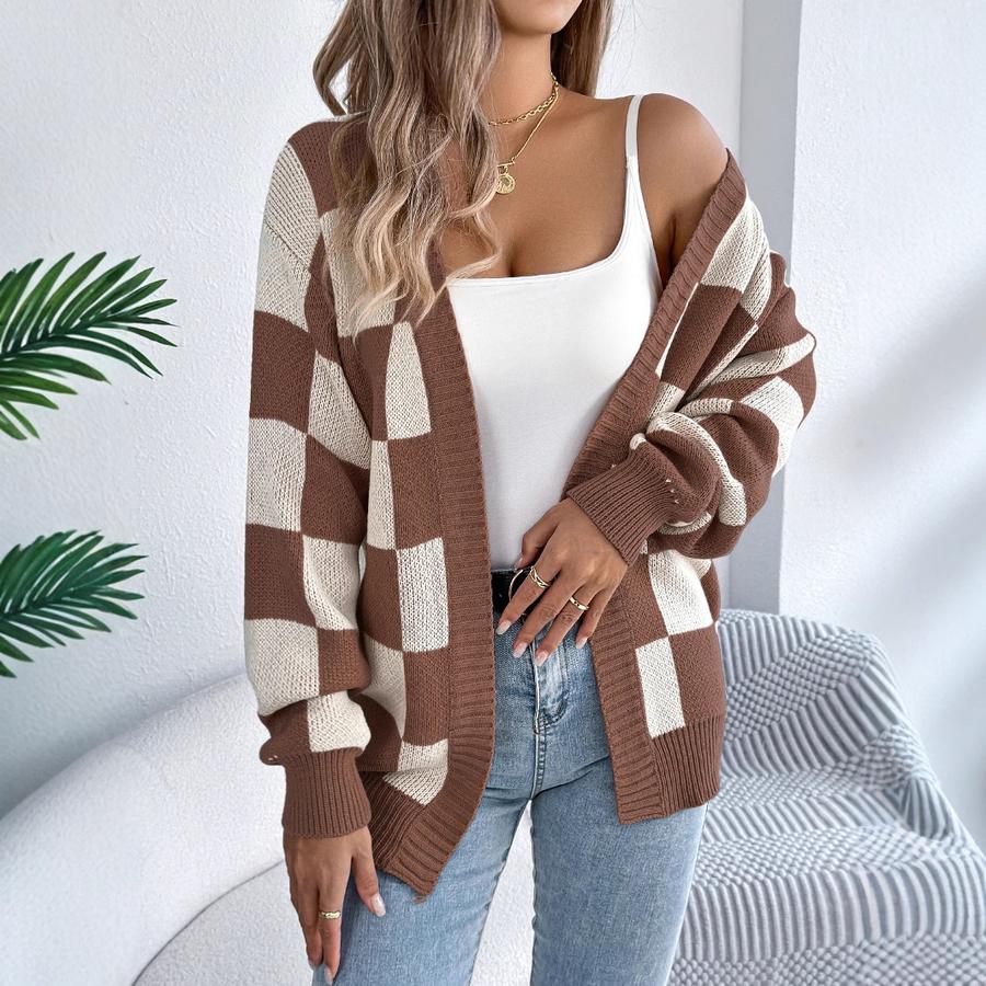 Fall/Winter Color Block Plaid Lantern Sleeve Cardigan Sweater Long Outerwear for Women