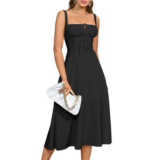 Women Sleeveless Dress Spaghetti Strap Square Neck Midi Dress Lace-Up Swing Long Dress Flowy A-Line