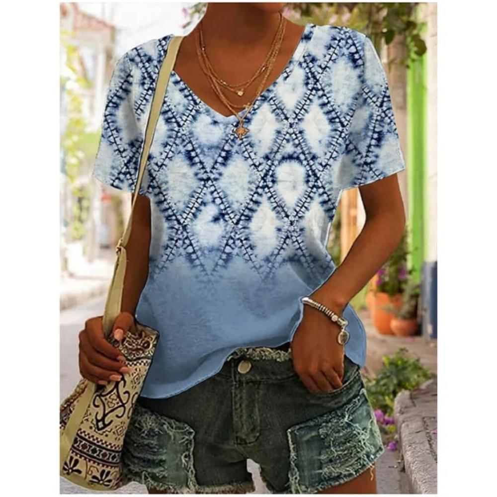 3D V Neck T Shirt Vintage Women Mixed Floral Pattern Print Summer Ladies Shirt Tops Street Trend Loose Plus Size Ladies Tops