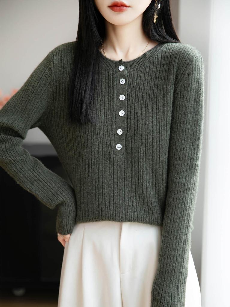 Autumn/Winter Women's Slim Fit Wool Knitwear - Round Neck, Long Sleeve Warm Top