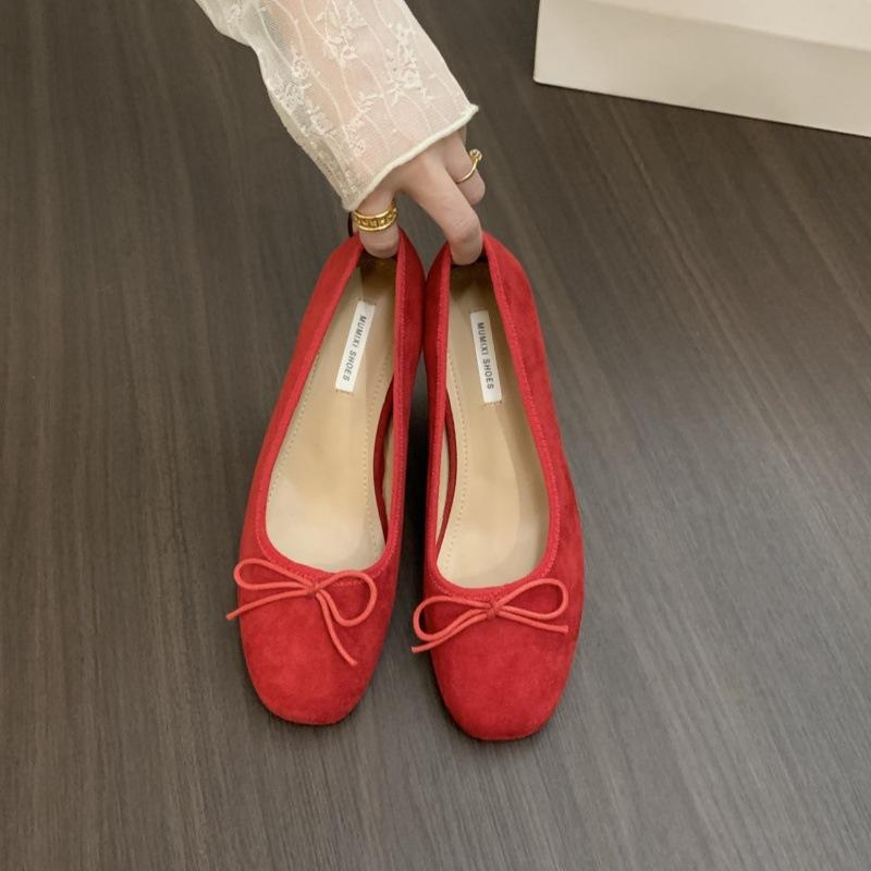 French inner heightening suede ballet single shoes women's shoes 2026 new spring and autumn bow red evening shoes