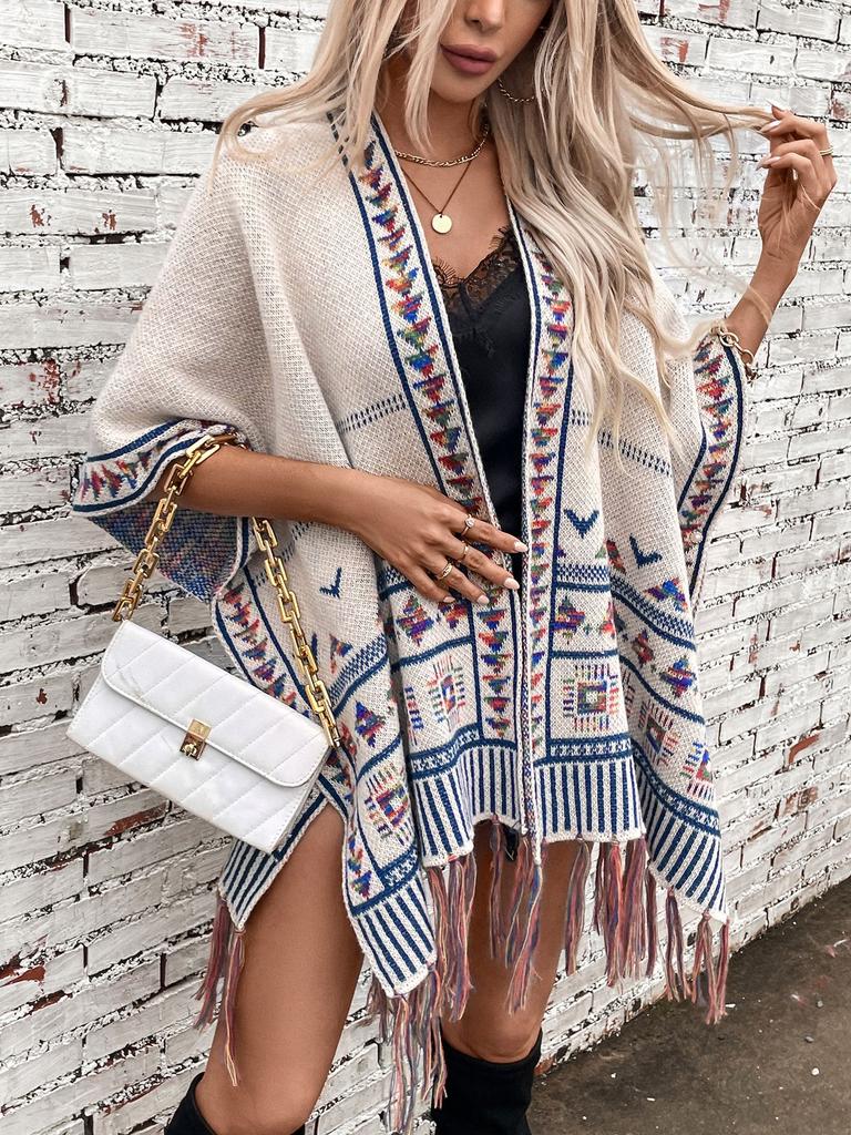 Women's Autumn and Winter Large Size Cardigan Fashionable Knitted Tassel Shawl Loose Jacquard Sweater Cape Top Women