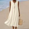Sleeveless V Neck Midi Dress for Women with Front Pleat and Decorative Button Loose Fit Casual Style