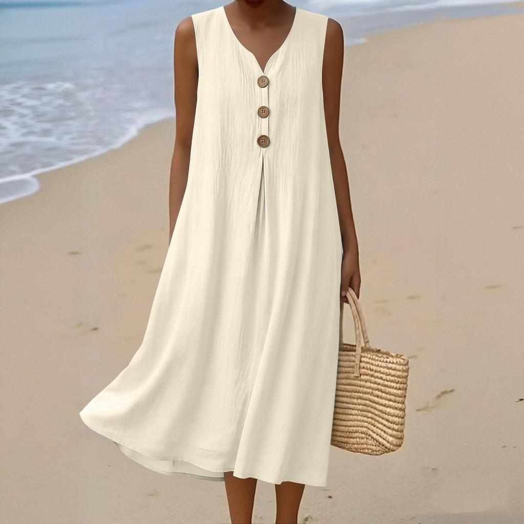 Sleeveless V Neck Midi Dress for Women with Front Pleat and Decorative Button Loose Fit Casual Style