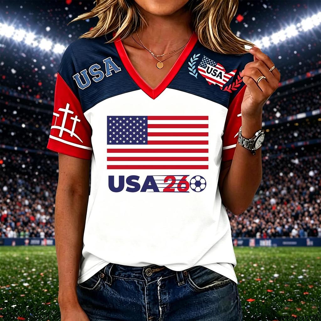 Womens Casual Short Sleeve Soccer Print V Neck Pullover Top Lightweight Breathable Soft Fabric Comfortable Fit