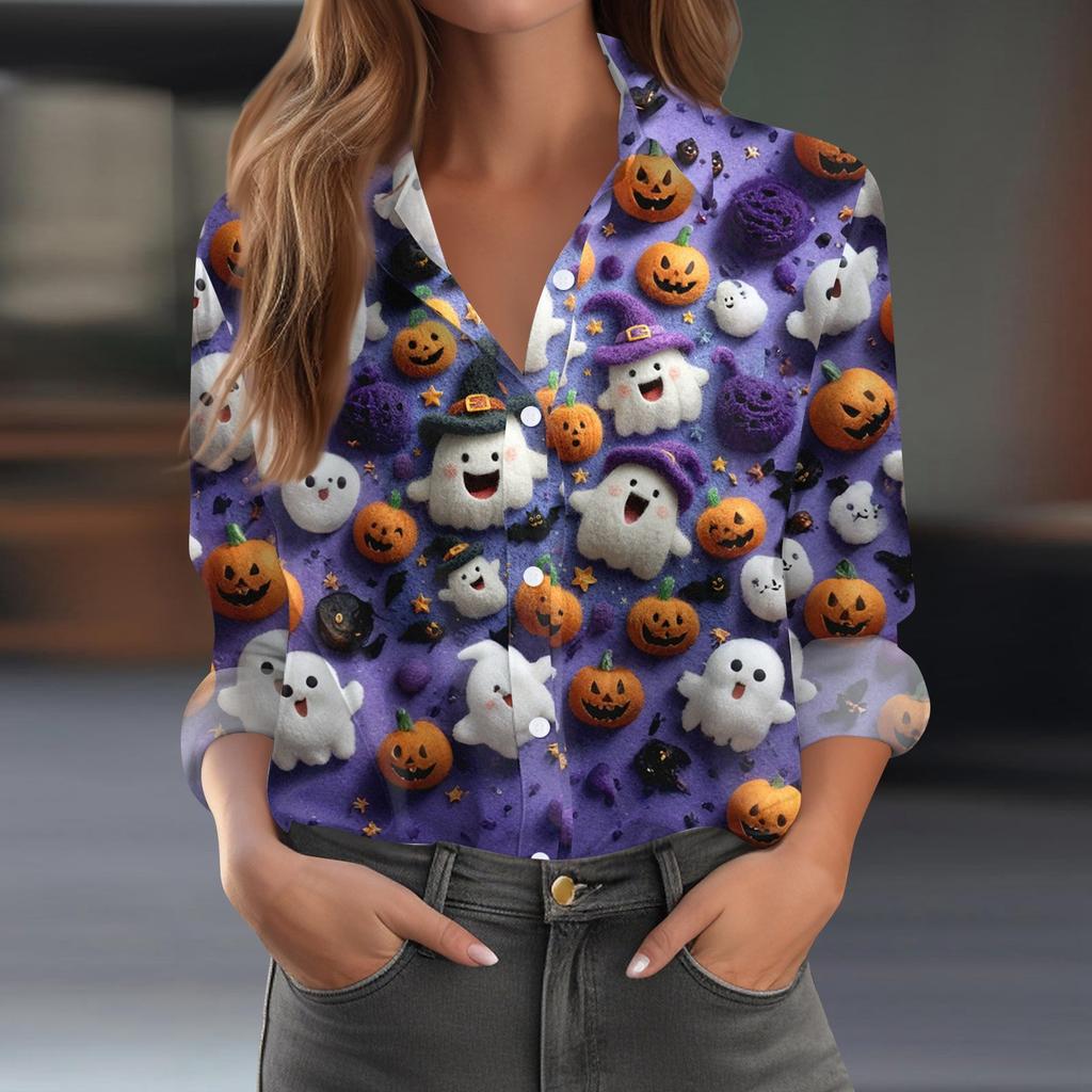 Damen Hemd Bluse Halloween Print Knopf Langarm Lässig Basic Hemdkragen Regulär Top