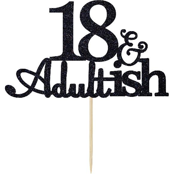 Black Glitter 18 and Adultish Cake Topper for Eighteen Birthday Party, Time To Adult Cake Decorations, 18th Birthday Party Decorations for Girls Boys