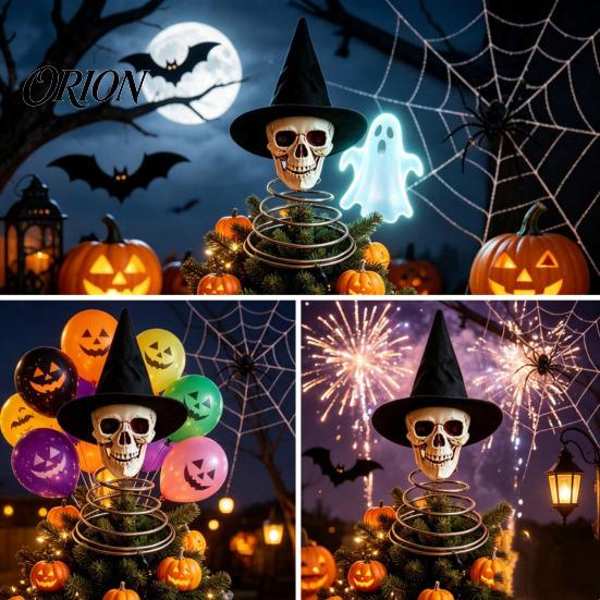 Halloween Party Atmosphere Prop Witch Hat Skull Tree Topper, Gothic Skeleton Figurine for Unique Scary Christmas Ornament Decor, Spooky Festive