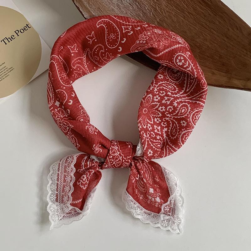 Silk scarf neck small square scarf new multi-color versatile headscarf summer women's pastoral lace headband hair accessories decorative small scarf
