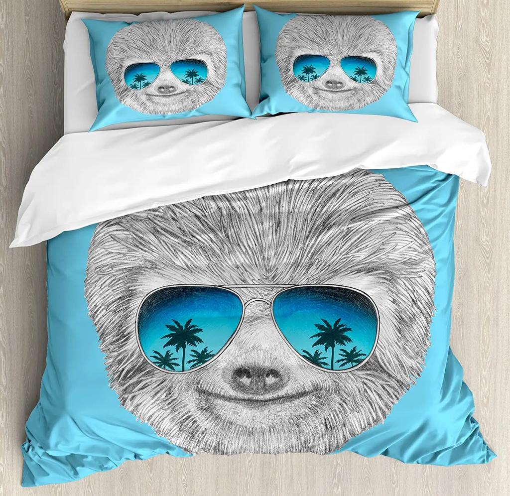 Sloth Bedding Set For Bedroom Bed Home Cartoon Mammal on Tropical Jungle with Green Banana Duvet Cover Quilt Cover Pillowcase