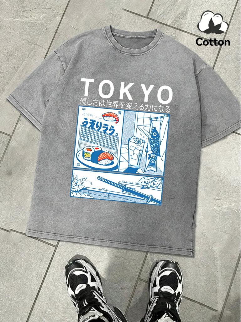 Fresh Sushi In Tokyo Printing Washed TShirt MenS Cotton Oversize T Shirts Basic ONeck Distressed Tops Summer Male Clothes