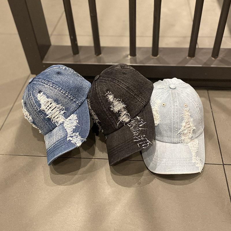 Koreanischer Stil Sonnenschutz Gewaschener Denim Ripped Baseballkappe für Damen, geeignet für Frühling und Herbst, Outdoor Sonnenschutz Streetwear Mode Kappe