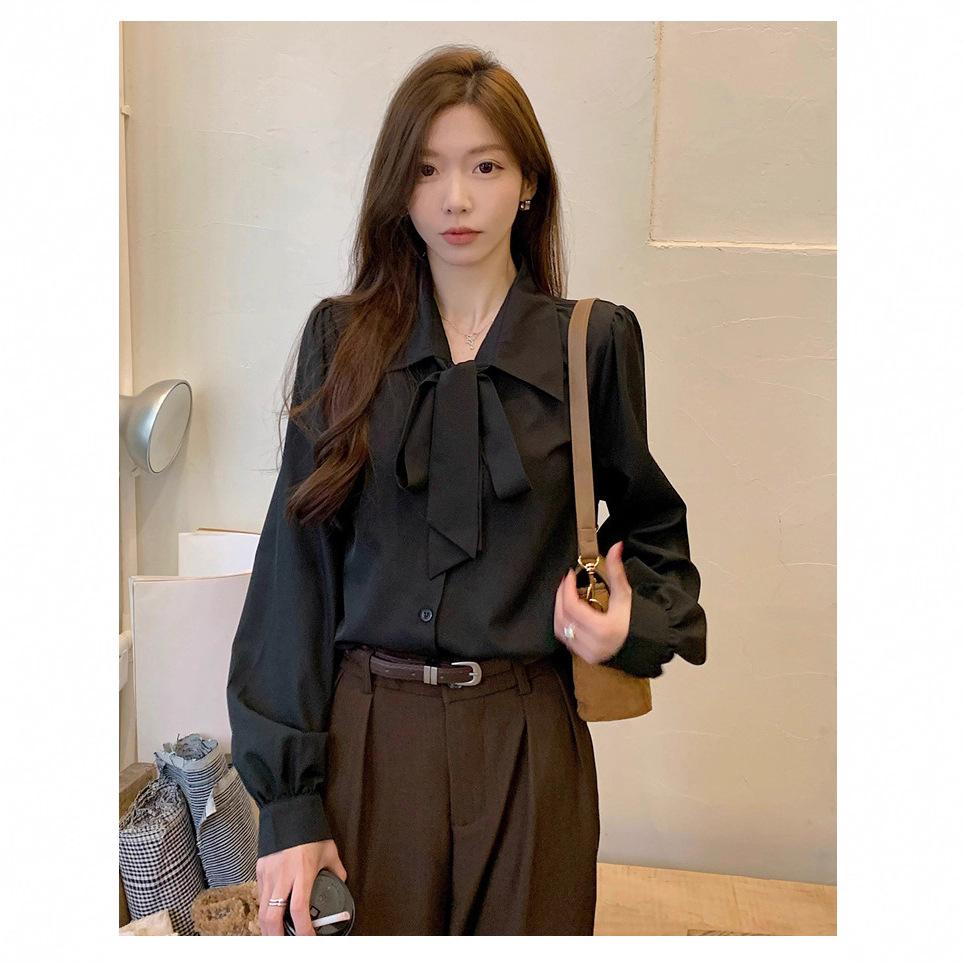 Women's POLO Collar Long Sleeve Loose Fit Bow Decor Blouse Shirt for Daily Office