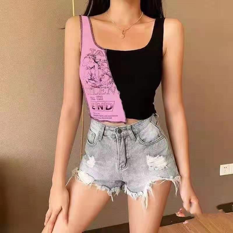 

Летний новый ретро-персонаж, цветной принт, сращивание, облегающий, с высокой талией, утягивающий, короткий, маленький жилет-халтер для женщин One size