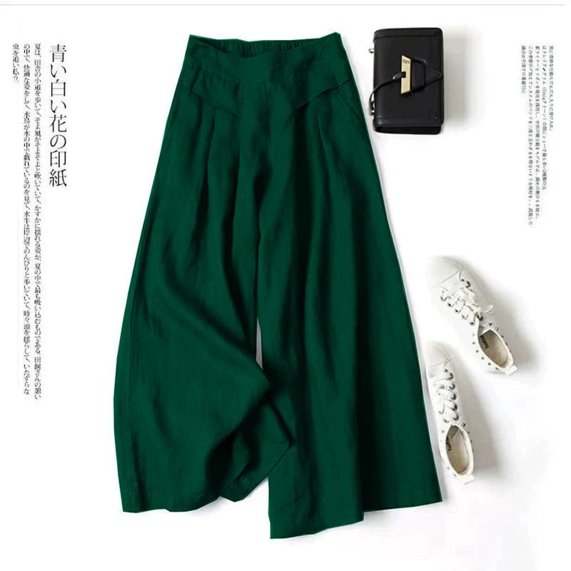 Women's Wide Leg Pants Elastic Mid Waist Cotton Linen Trousers Cropped Pants