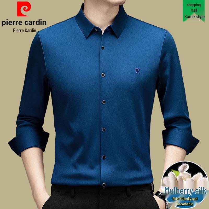 Pierre Cardin Men's Long Sleeve Mulberry Silk Shirt - Iron-Free, Plus Velvet, High-End Business Casual for Autumn/Winter