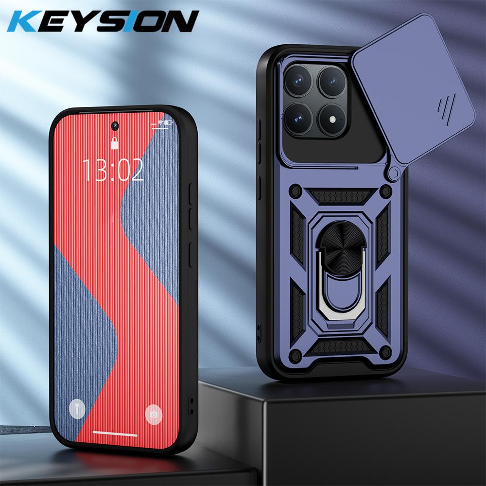 

KEYSION Противоударный бронированный чехол для Xiaomi POCO F8 Ultra со сдвижной защитой объектива камеры, кольцом-подставкой, задняя крышка для телефона POCO F8 Pro for POCO F8 Pro синий