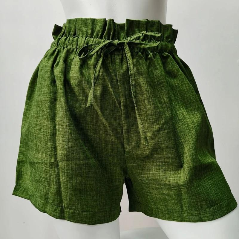 2024 Summer Cotton Linen Women Wide Leg Shorts  High Waist Casual Drawstring Pants For Women Loose Ruffled Lady Clothes 30773