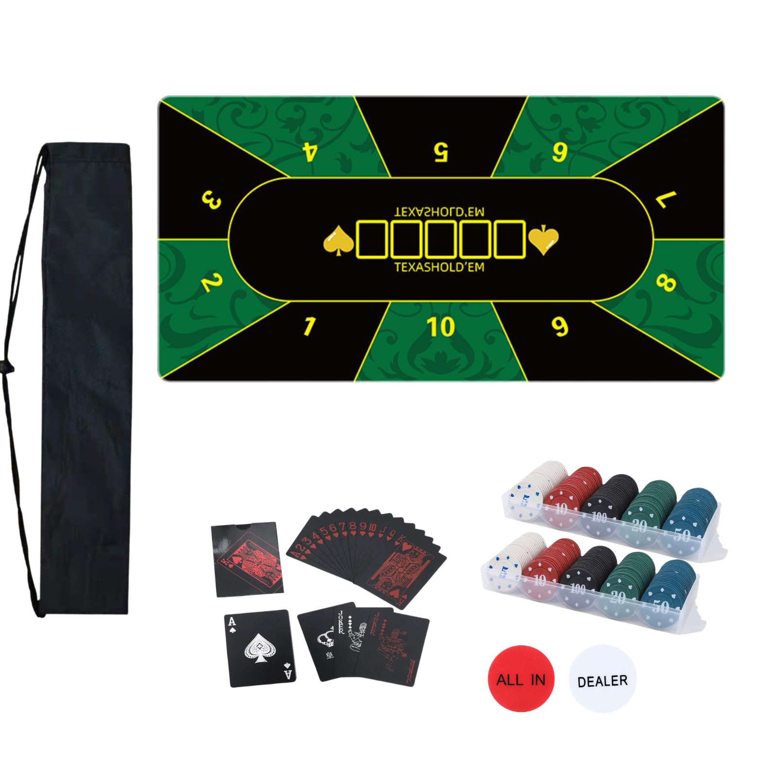 

COZENTA Texas Poker Set with and Storage Bag Hold em Mat, Cards, Chips, Buttons,