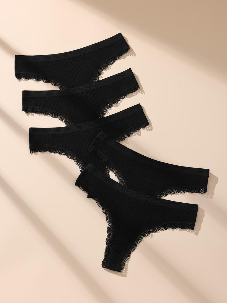 5Pcs Women Thongs Sexy Lace Panties Low Waist Underwear Girls Briefs G-String Breathable Ladies Panty Black Female Lingerie S-XL
