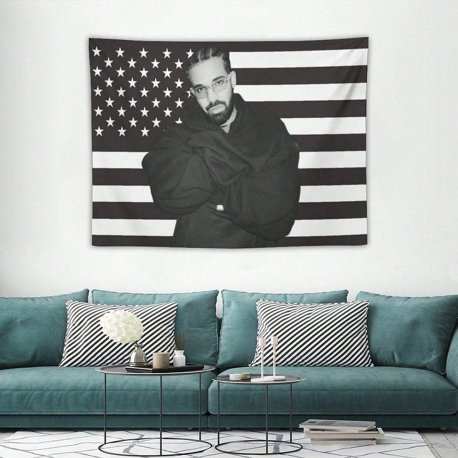 Jmg Household Supplies Unisex Black 1Pc Drake American Flag Tapestry, Rapper Fan Wall Hanging, Cool Room Stuff, Large Size, Polyester 2D Print, Bedroom Stuff,