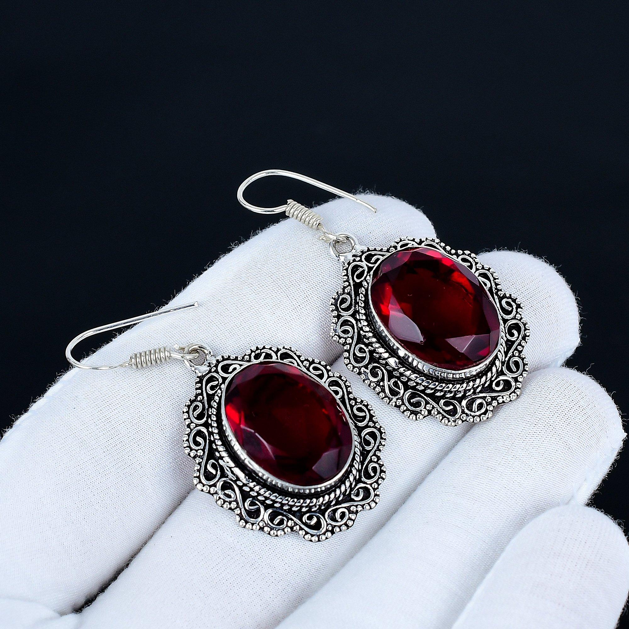 

Red Garnet Gemstone Earrings, 925 Sterling Silver Earrings, Handmade Silver Earrings For Gift, Red Garnet Dangle Drop Earrings For New Year Gift 5 Cm
