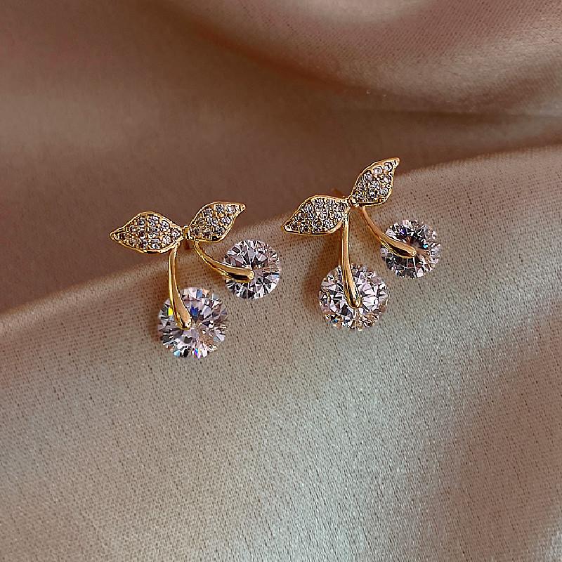 Trendy Korean Zircon Crystal Cherry Ear Stud Earrings For Women Leaves Rhinestone Earrings Wedding Party Jewelry Gifts