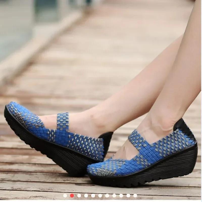 Keilabsatz-Plateau-Websandalen Mode Peep Toe Bequem Atmungsaktiv Mama-Schuhe Damen Casual Dicke Sohle Sandalias Mujer 2024