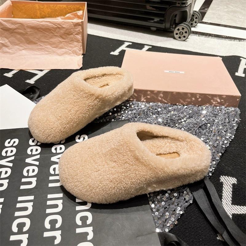 

Овечка универсальная сумка голова полутапочки женские 2025 осень и зима плюшевая обувь для улицы ленивые на плоской подошве мягкая подошва хлопковые мопы 40