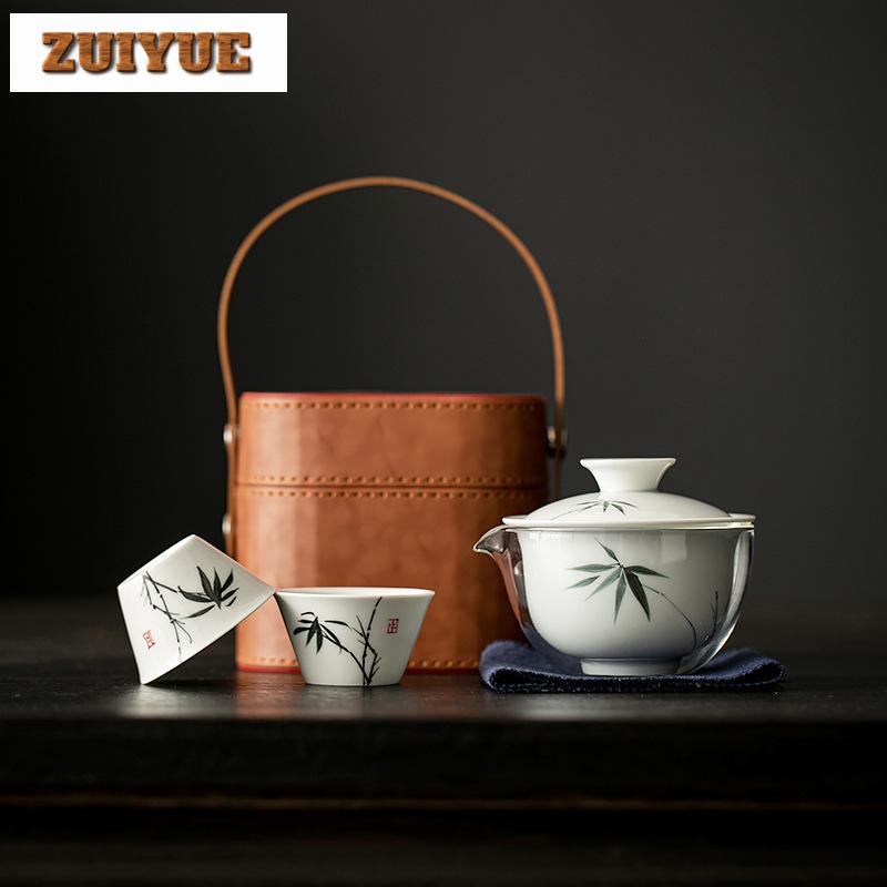 Hand Painted Lotus Glass Travel Tea Set Kit Retro 1 Pot 3 Cups Tea Brewing Travel Tea Set Portable Organizer Supplies Ornaments