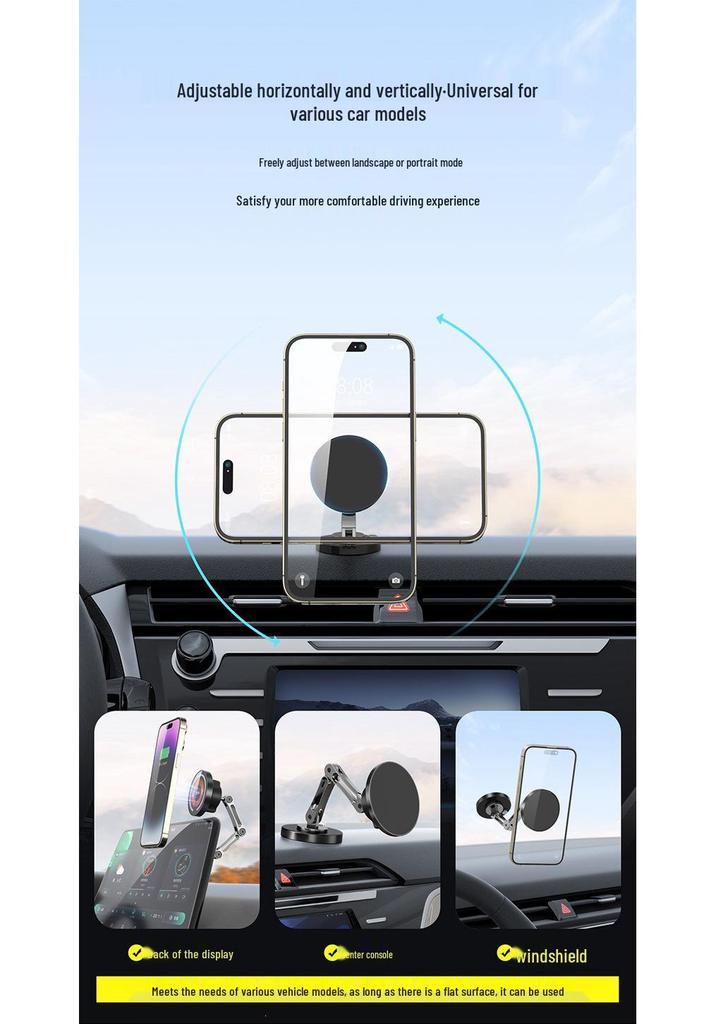 Foldable 360° Car Phone Holder with MagSafe Magnetic 15W Wireless Charger & Metal Navigation Mount