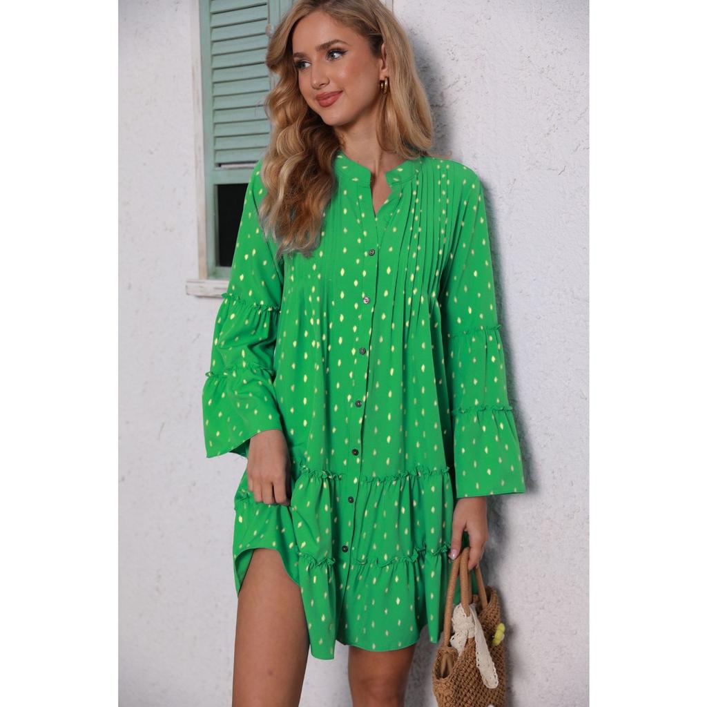 GMXIA Damenmode Frühling Herbst Einfarbiger Druck Langarm V-Ausschnitt Hohe Taille Freizeitkleider