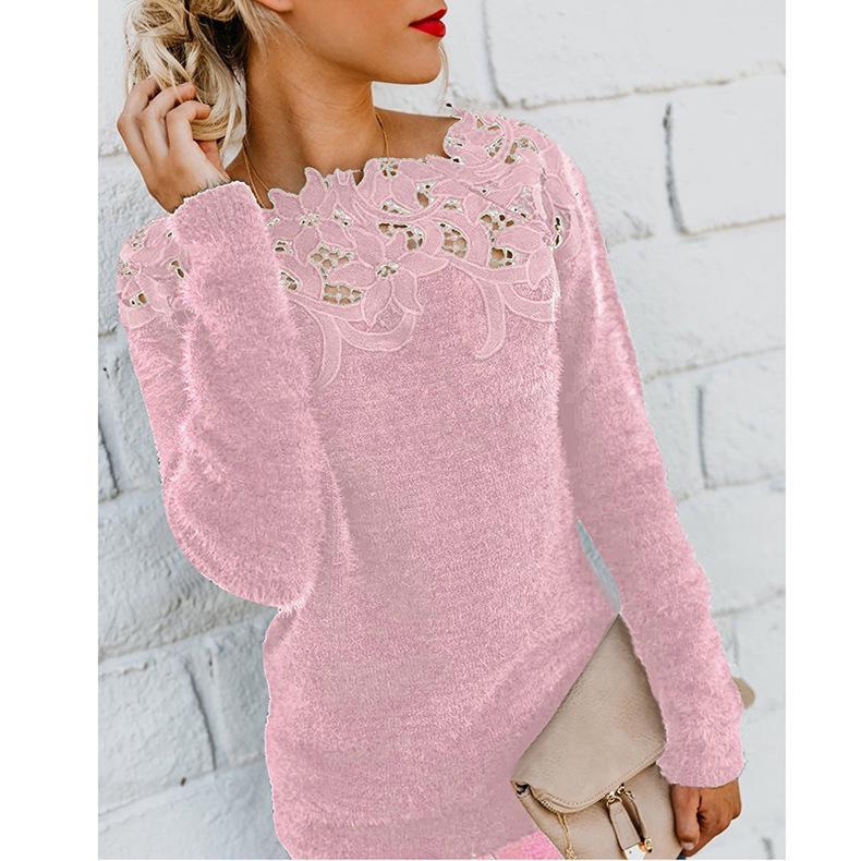 In-Stock 2025 Women's Solid Color Patchwork Lace Trim Long-Sleeved Sweater (OM8819)