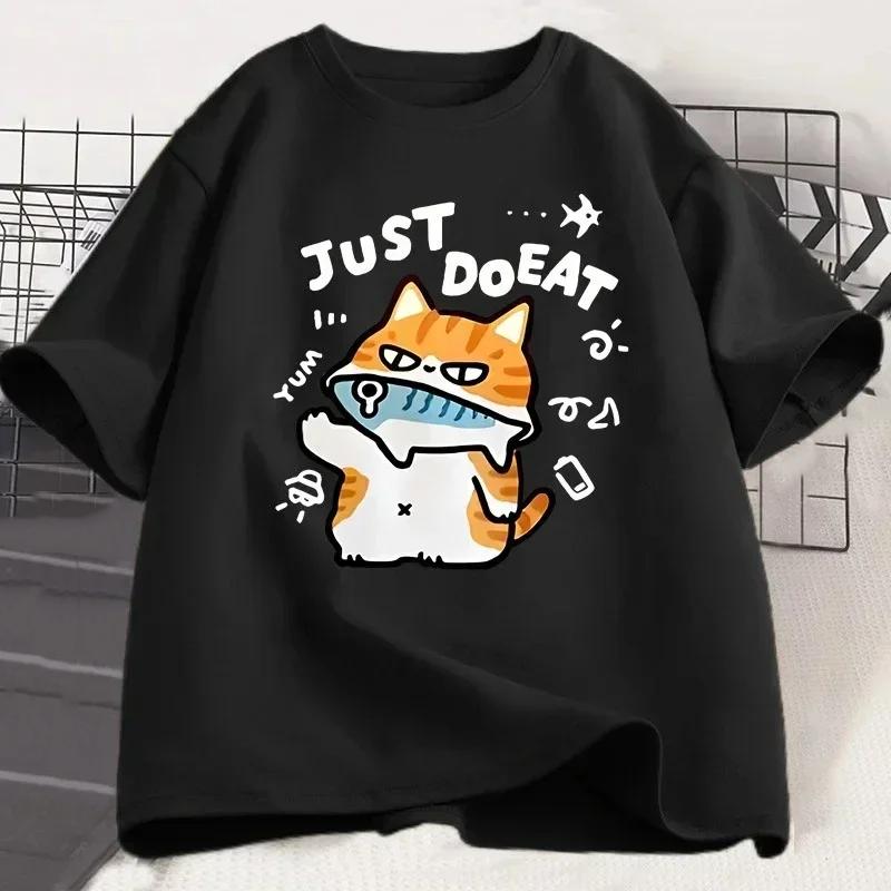 Summer Fun Cartoon Cat Printed Tshirt Round Neck Short Sleeve Daily Casual Regular Womens Tshirt