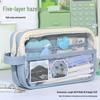 Three-Layer Large Capacity Transparent Pencil Case for Girls - Morandi Style for Students