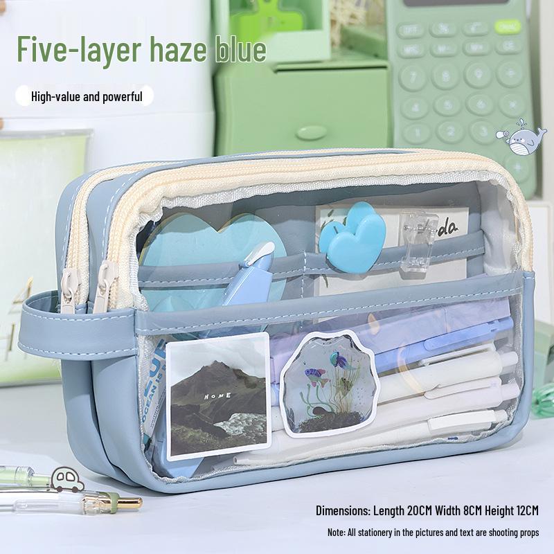 Three-Layer Large Capacity Transparent Pencil Case for Girls - Morandi Style for Students