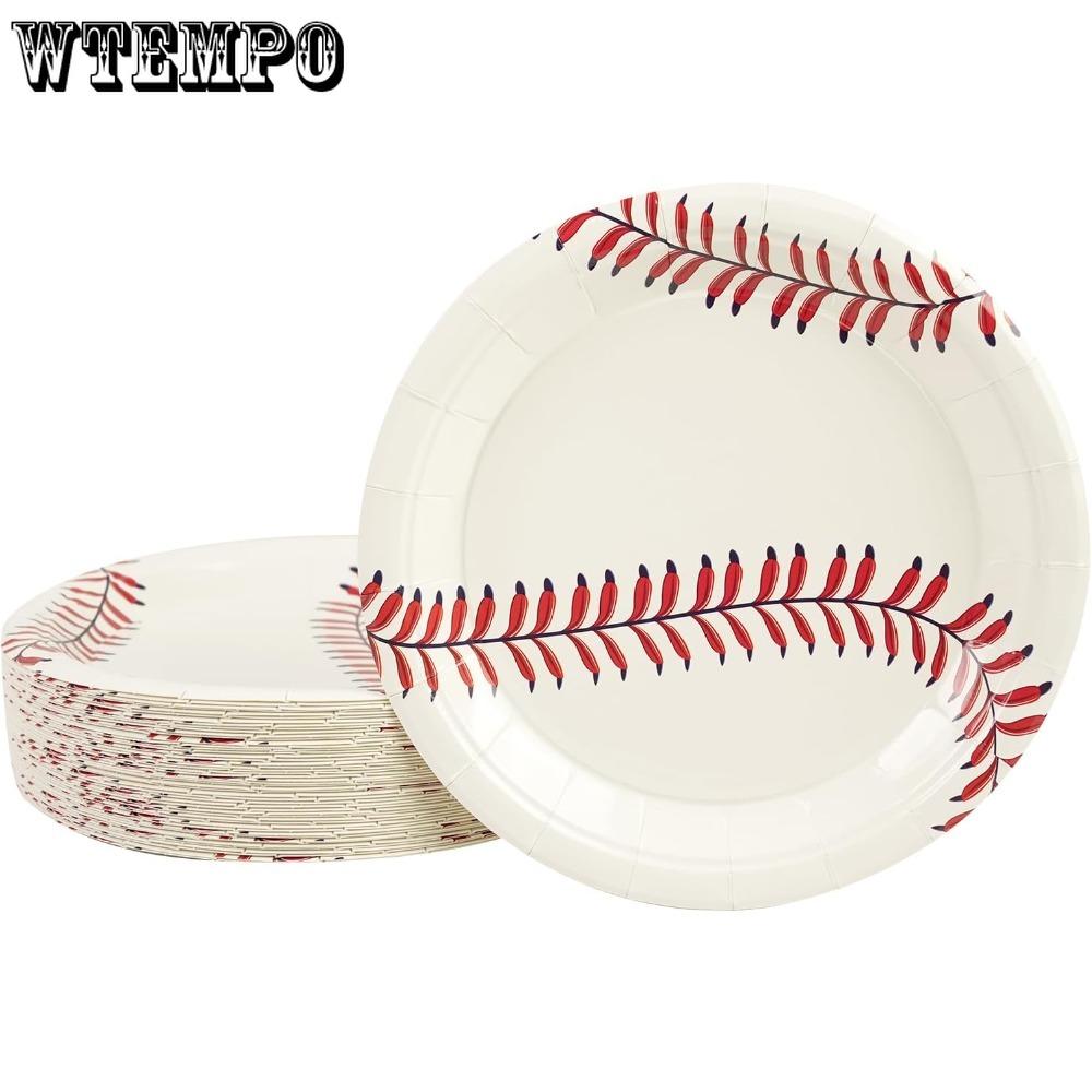 50pcs Baseball Party Paper Plates - 7Inch Round Baseball Dessert Plates for Cake Salad Fruit Pizza Disposable Themed Decoration