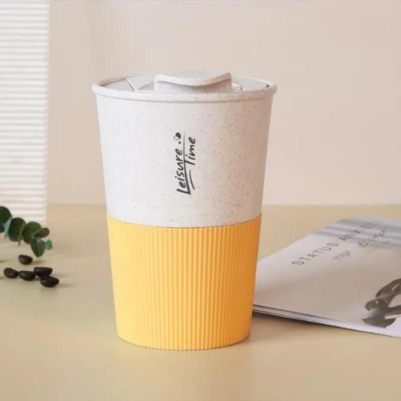 1PCS Portable Coffee Cup Double Wall Mug Wheat Straw Material Plastic Travel Water Cup with Lid for Women Men Drinking Cup Gift