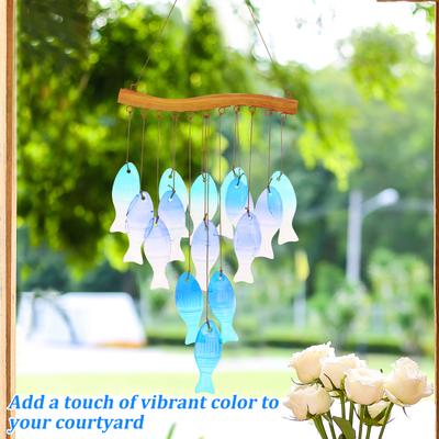 Farbglas Windspiel Blätter/Fisch/Muschel Outdoor Garten Terrasse Deko Kreatives Buntglas Hängende Glocke Ornament