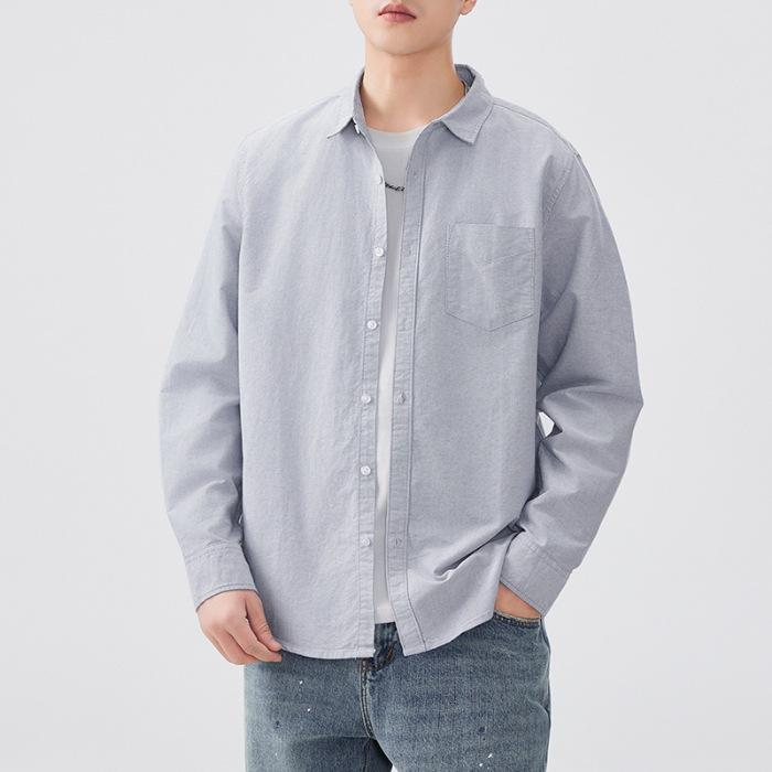 Retro Spring New Style Long-sleeved Men's Oxford Cotton Shirt Solid Color Shirt American Style