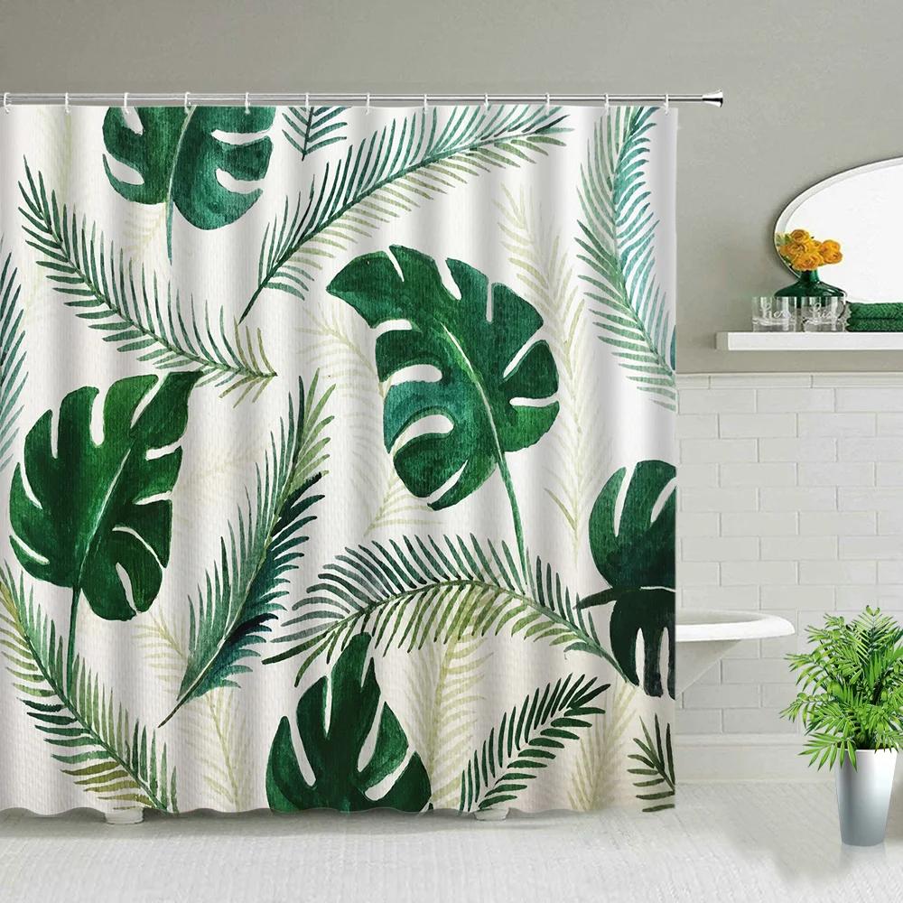 Green Leaves Printing Shower Curtain Tropical Plants Monstera Natural Scenery Bathroom Curtains With Hooks Bathtub Decor Screens