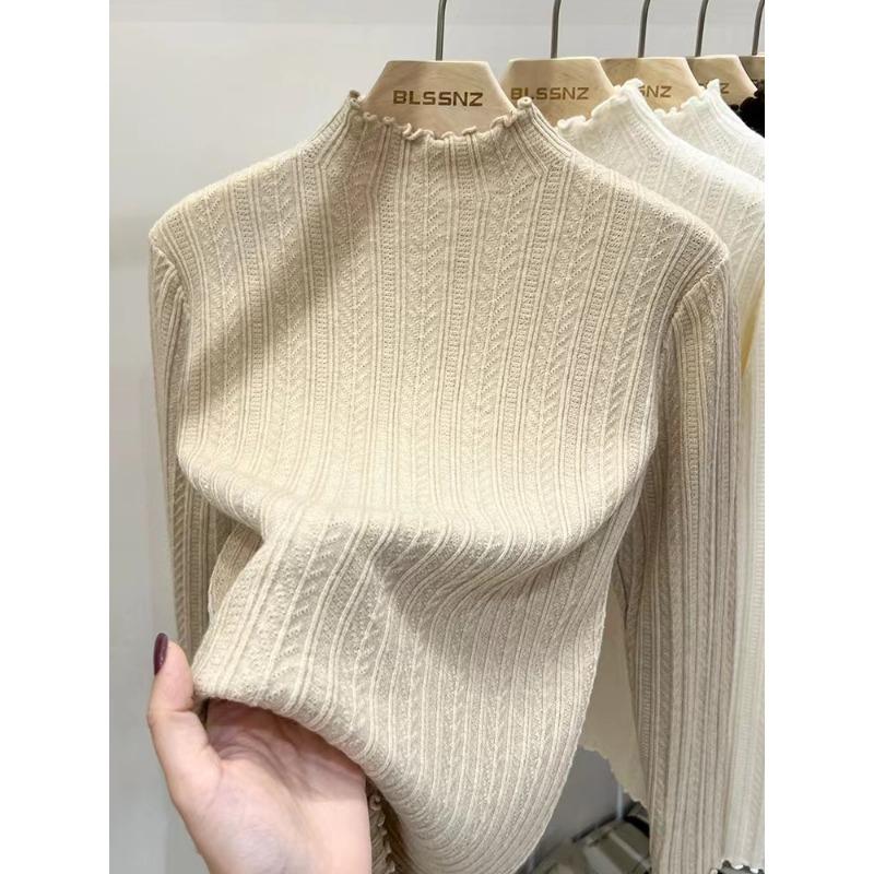 Fungus Edge Knitted Sweater Women's New Chic Top Semi-turtleneck Bottoming Shirt Women's Autumn and Winter Wear