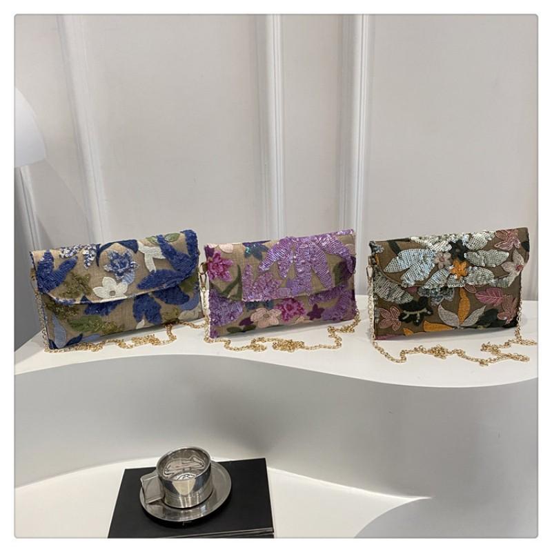 Straw Woven Bag Women's Detachable Chain Crossbody Shoulder Bag Chinese Style Handbag Sequin Floral Envelope Bag