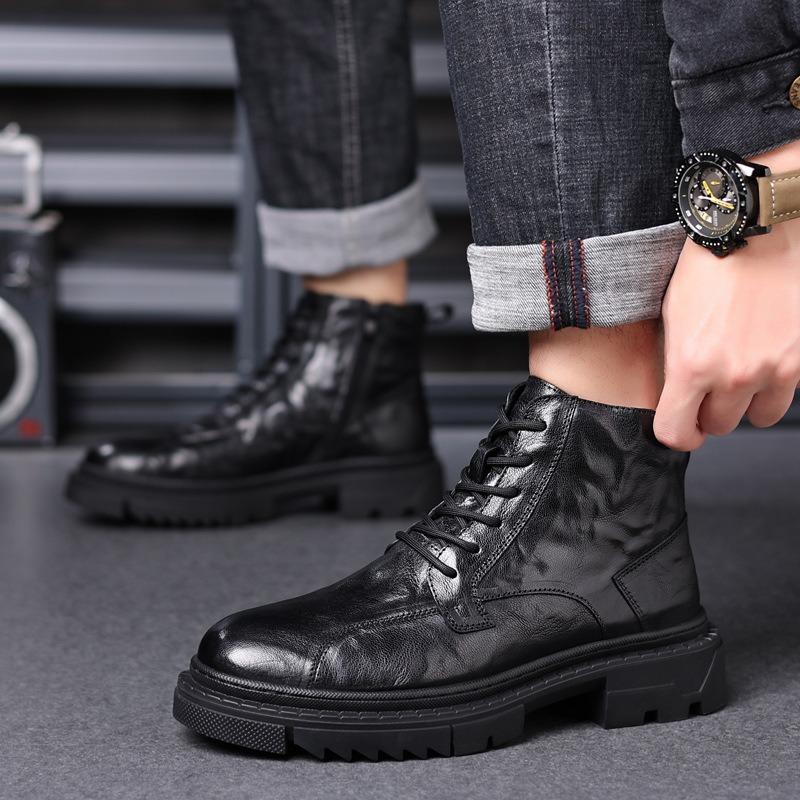 First layer sheepskin men's Martin boots high-top velvet thermal cotton shoes leather tooling boots fashion men's boots leather boots