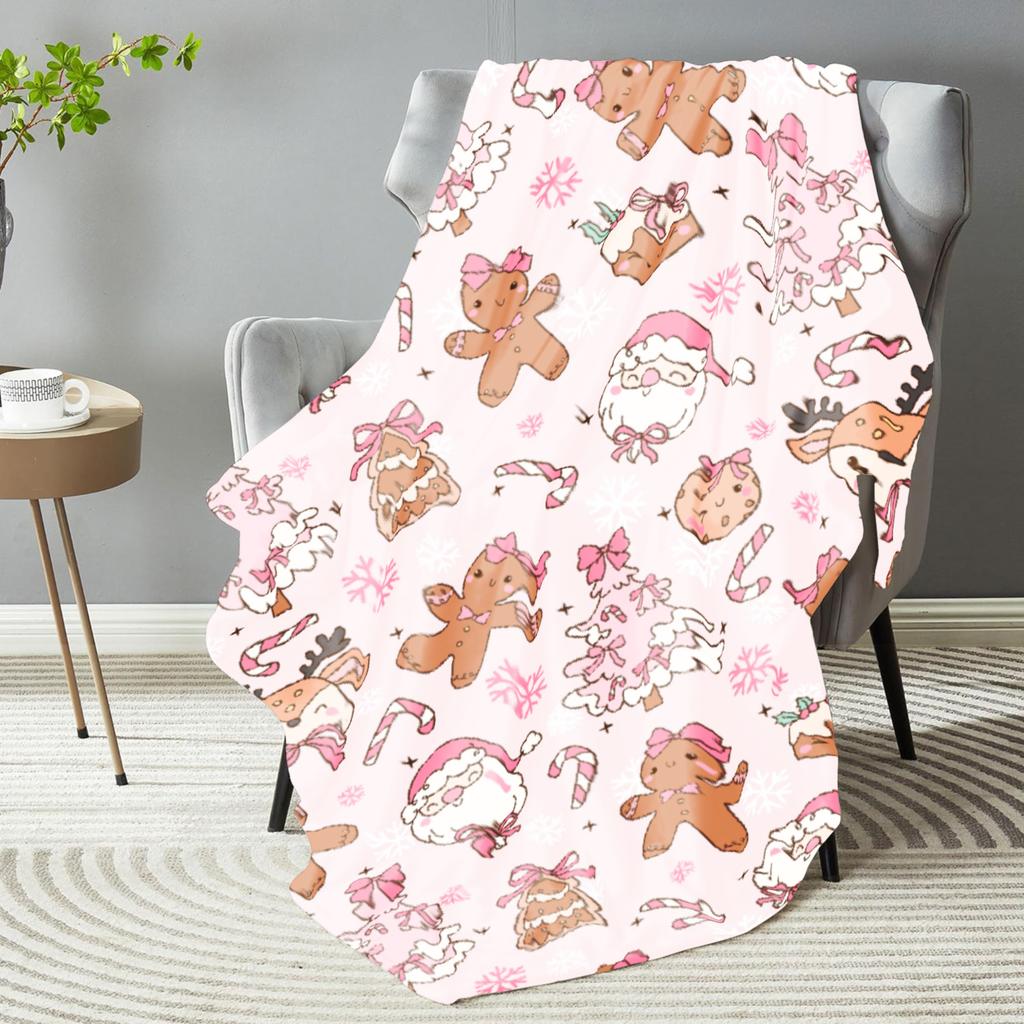 Pink Christmas Gingerbread Man Throw Blanket Soft Warm Flannel for Couch, Bed, Office, and Travel - Perfect Gift for All Season