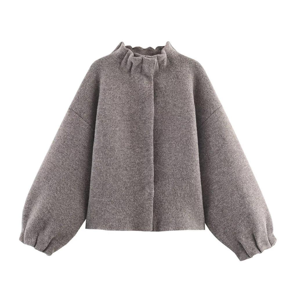 Grey Ribbed Lace-Trim Knit Jacket & High-Waisted Skirt - Women's Autumn/Winter European & American Style