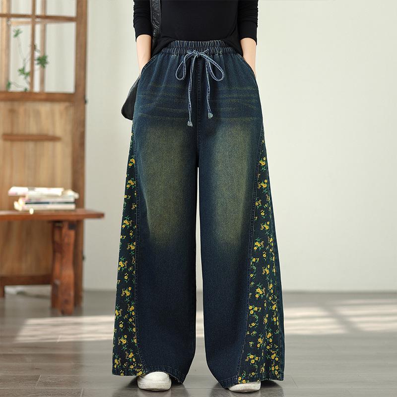 

Plus Size Spliced Denim Wide-Leg Pants with Elastic Waist - Casual, Slimming, Versatile Fit L синій